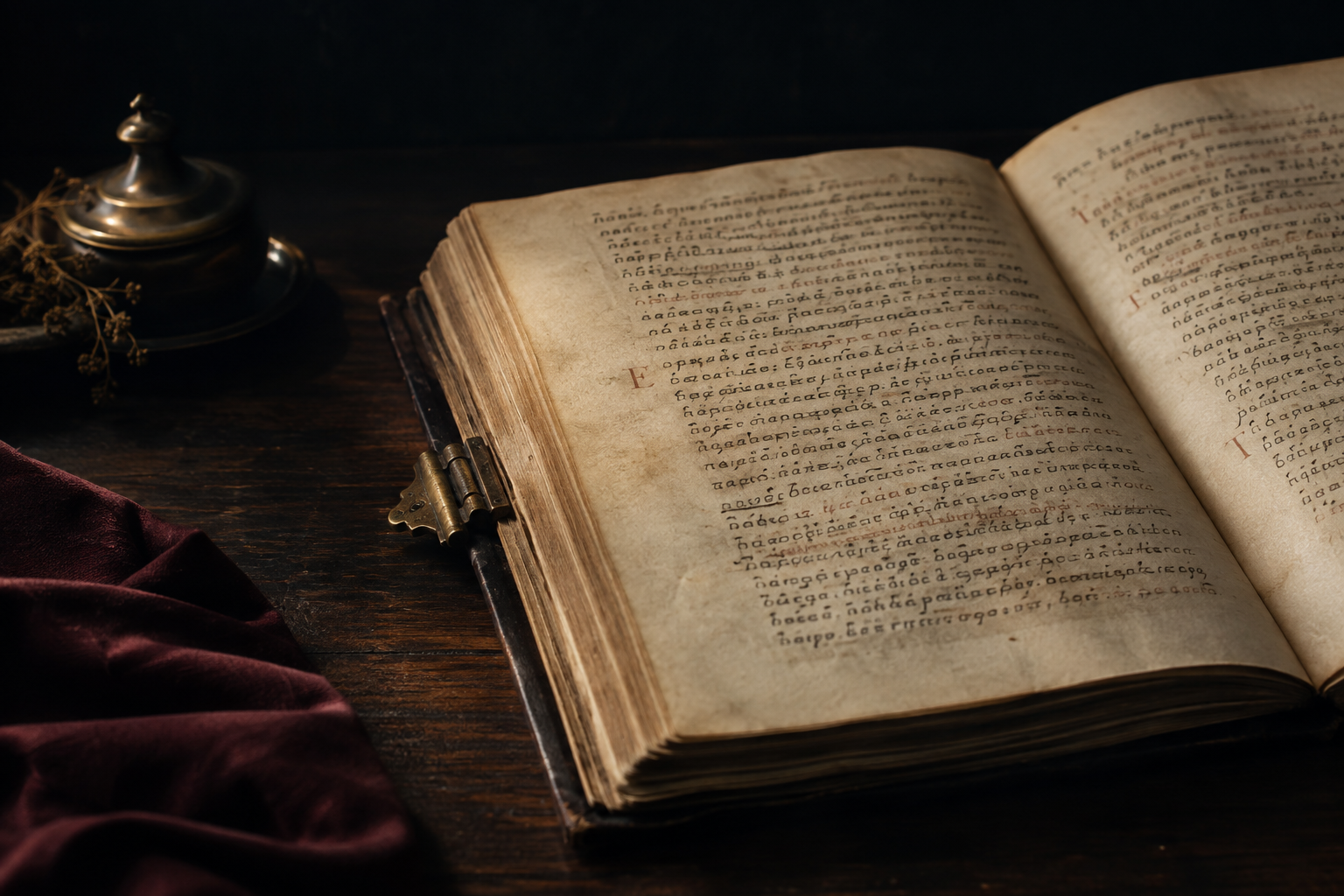 Illustrative still life of an open manuscript in warm light on a wooden desk